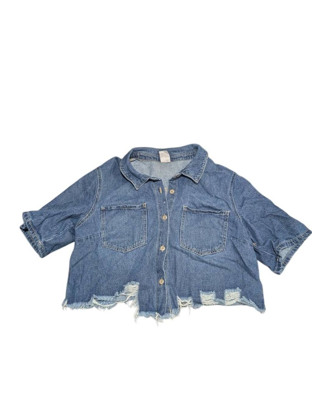 No Boundaries Jean Jacket Dark Blue Denim Cropped Raw Hem Juniors L 11-13